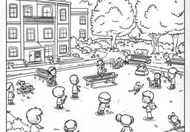 Kinder auf dem Schulhof: Wimmelbild zum Download (Gratis)
