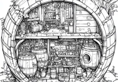 Weinfass als Wimmelbild: Malvorlage zum Herunterladen (Kostenlos)