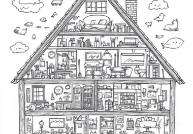 Wohnhaus als Wimmelbild: Ausmalbild zum Download (Gratis)