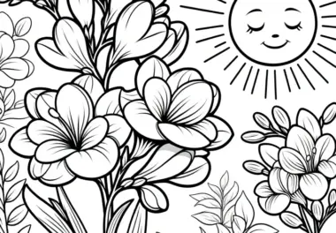 Blühende Freesien und Sonne: Malvorlage zum Download (Gratis)