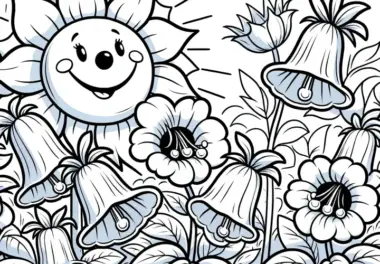 Glockenblumen auf der Wiese mit Sonne als Ausmalbild (Gratis)