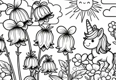 Glockenblumen Blüten mit Einhorn als Ausmalbild (Gratis)