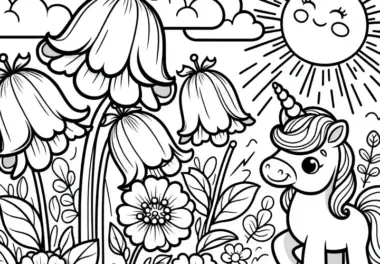 Glockenblume Blüten und niedliches Einhorn: Gratis Malvorlage zum Download