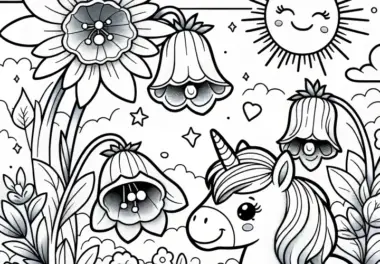 Glockenblumen Blüten mit Einhorn und strahlender Sonne: Malvorlage für Kinder (Gratis)