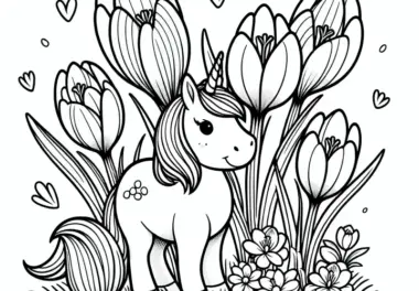 Kleines Einhorn zwischen Krokussen als Ausmalbild (Kostenlos)