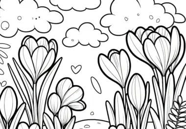 Krokusse auf der Wiese: Gratis Ausmalbild zum Herunterladen