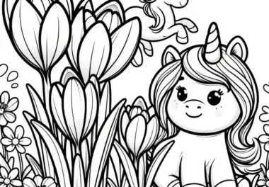 Krokusse und Einhörner: Malvorlage für Kinder (Kostenlos)
