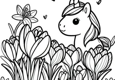 Krokusse mit Einhorn: Gratis Malvorlage zum Download