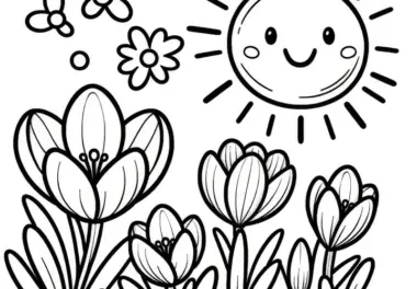 Krokusse in der Sonne: Ausmalbild für Kinder (Gratis)