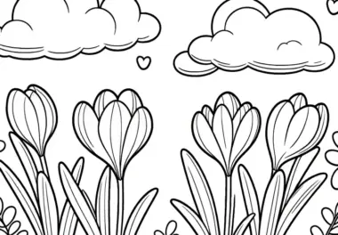 Krokusse und Wolken zum Ausmalen: Kostenloses Ausmalbild