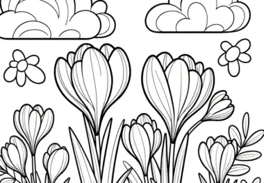 Krokusse und fluffige Wolken: Malvorlage für Kinder (Gratis)