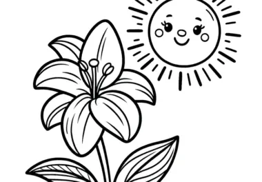 Lilienblüte mit freundlicher Sonne: Einfaches Ausmalbild (Kostenlos)