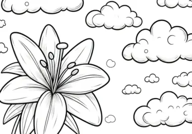 Lilienblüte und fluffige Wolken: Ausmalbild zum Download (Kostenlos)