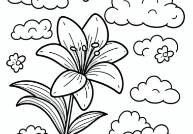 Prächtige Lilienblüte zwischen Wolken: Malvorlage zum Herunterladen (Gratis)