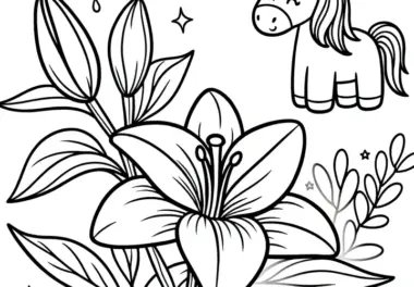 Lilienblüten mit freundlichem Einhorn: Kostenloses Ausmalbild
