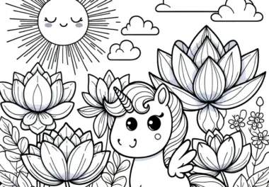 Einhorn zwischen Lotusblumen als Ausmalbild (Gratis)