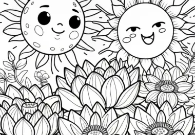 Lotusblüten mit zwei fröhlichen Sonnen: Ausmalbild zum Herunterladen (Gratis)