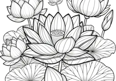 Lotusblume mit großer Blüte: Kostenloses Ausmalbild zum Download (Gratis)