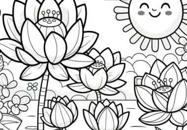 Lotusblüten mit freundlicher Sonne zum Ausmalen (Kostenlos)