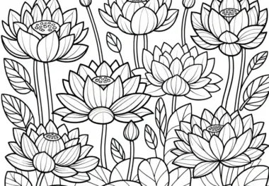 Detailreiche Lotusblumen Blüten als Malvorlage (Gratis)