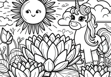 Lotusblumen, Einhorn und Sonne: Ausmalbild für Kinder (Gratis)