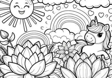 Lotusblumen, Einhorn, Sonne mit Regenbogen und Wolken: Ausmalbild in hoher Qualität (Gratis)