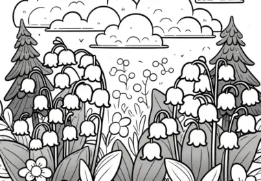 Maiglöckchen auf der Blumenwiese unter Wolken: Kostenlose Malvorlage