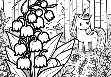 Maiglöckchen und Einhorn im verzauberten Wald: Gratis Ausmalbild
