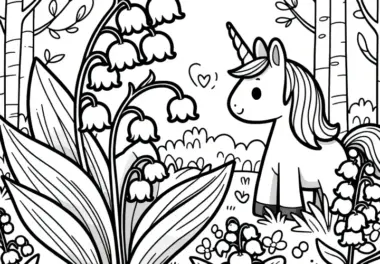Wunderschöne Maiglöckchen und Einhorn im Wald: Malvorlage zum Download (Kostenlos)