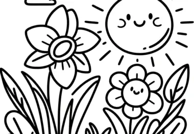 Narzissen auf einer Blumenwiese mit Sonnenstrahlen: Einfache Malvorlage (Gratis)