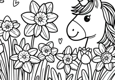 Narzissen und hübsches Einhorn als Ausmalbild (Gratis)