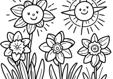 Fröhliche Malvorlage mit Narzissen und Sonnenblume (Kostenlos)