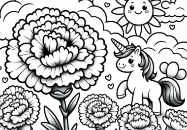 Nelkenblüten mit Einhorn und Sonne: Ausmalbild  (Kostenlos)