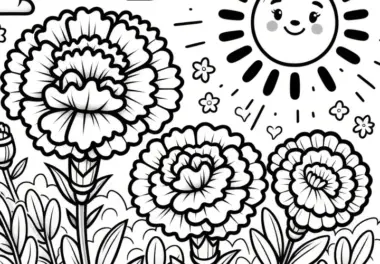 Nelken mit großer Sonne: Blumenbild zum Ausmalen (Kostenlos)