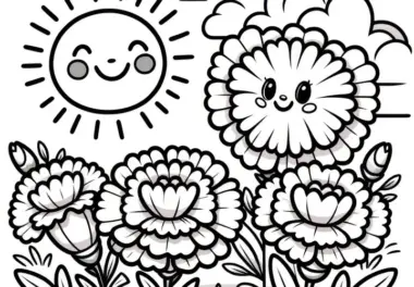 Einfache Malvorlage für Kinder mit Nelken und Sonne (Kostenlos)