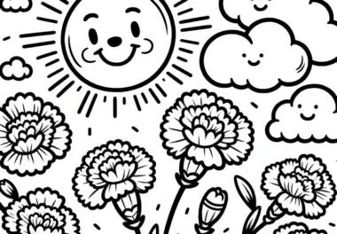 Nelken, Sonne und Wolken: Einfaches Ausmalbild (Gratis)