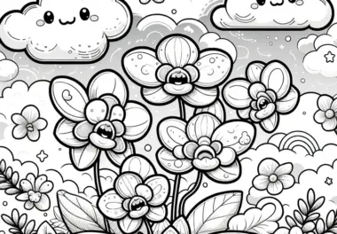 Orchidee auf der Wiese unter Wolken als Ausmalbild (Kostenlos)