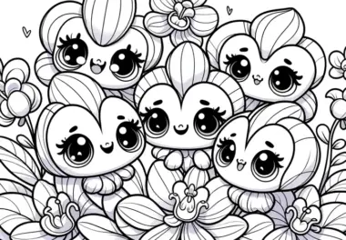 Orchideen als süße Pflanzenwesen: Ausmalbild für Kinder (Gratis)