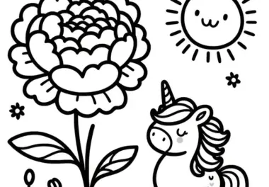 Pfingstrose, niedliches Einhorn und Sonne: Deine Malvorlage zum Download (Gratis)
