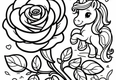 Rose und Einhorn zusammen als Ausmalbild (Gratis)