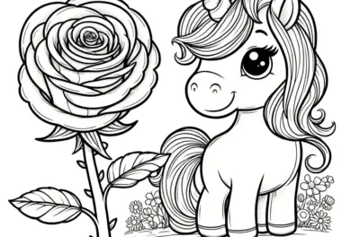 Rose und bezauberndes Einhorn als Malvorlage (Gratis)