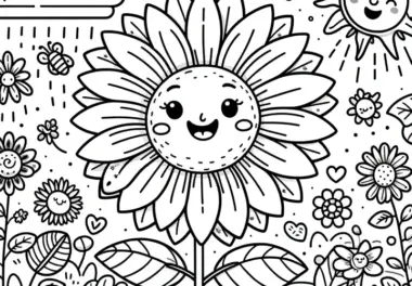 Lachende Sonnenblumen mit Pflanzen, Insekten, Sonne und Wolken als Ausmalbild (Gratis)