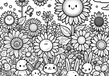 Wimmelbild mit Sonnenblumen und Hasen: Ausmalbild zum Download (Gratis)