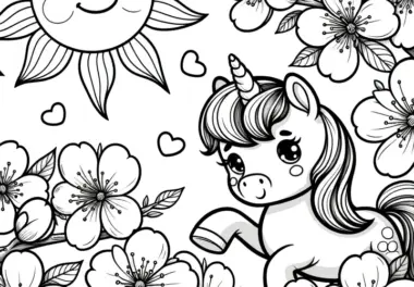Einhorn unter Kirschbaumblüten in der Sonne: Gratis Malvorlage