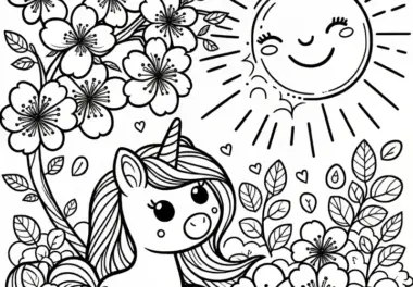 Einhorn, Sonne und Kirschbaumblüten als Malvorlage (Kostenlos)