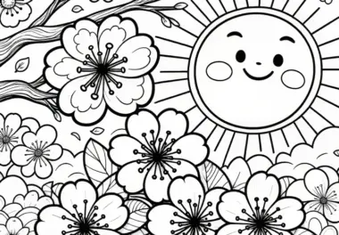 Kirschblüten und Sonne: Ausmalbild für Kinder (Gratis)