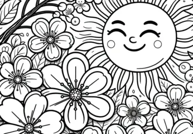 Strahlende Sonne und Kirschbaumblüten zum Ausmalen (Gratis)