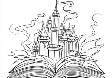Märchenschloss erhebt sich aus Märchenbuch: Malvorlage zum Herunterladen (Kostenlos)