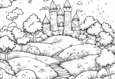 Märchenschloss im traumhaften Wald: Malvorlage zum kostenlosen Download