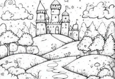 Verträumtes Märchenschloss: Ausmalbild kostenlos zum Herunterladen